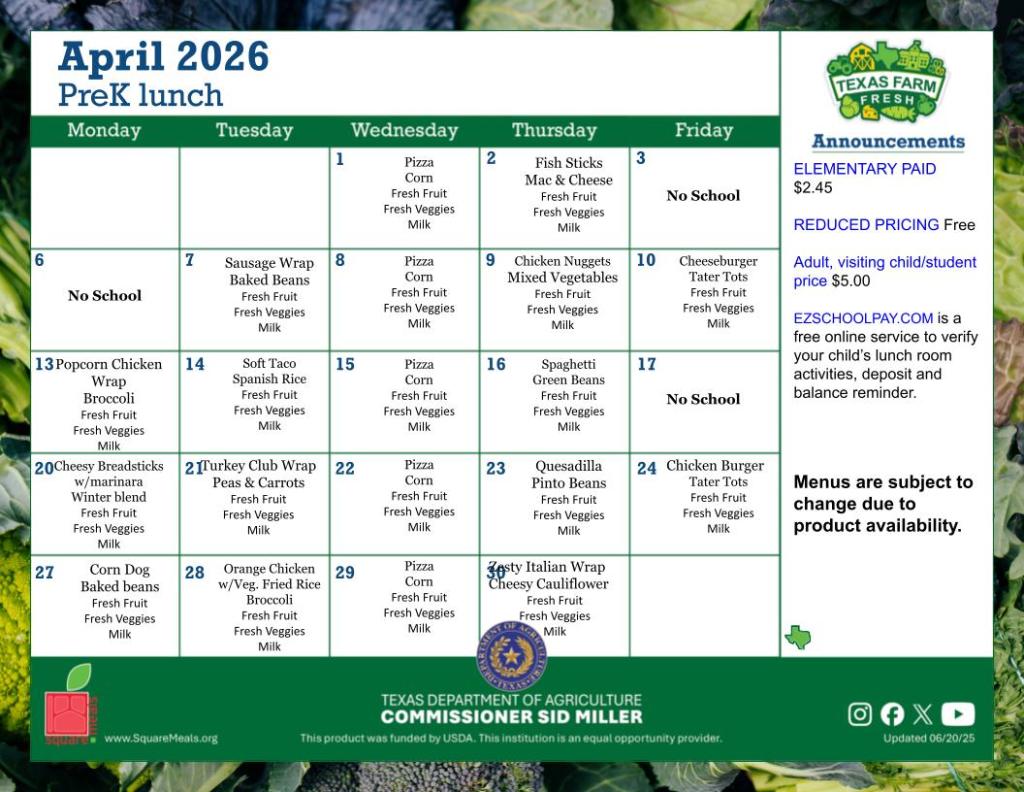 april lunch menu for Pre-K